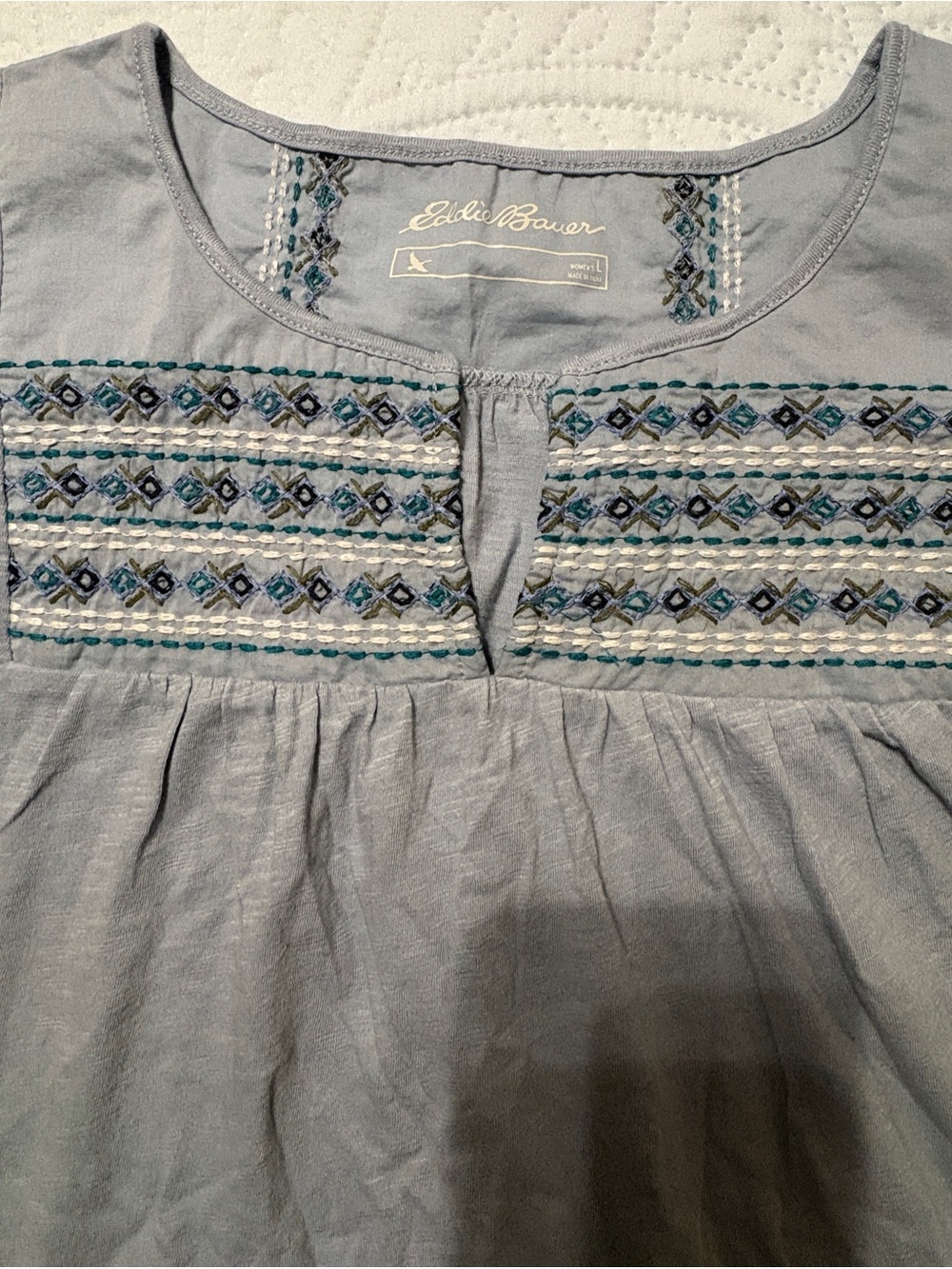 Eddie Bauer Light Blue Embroidered Yoke Top